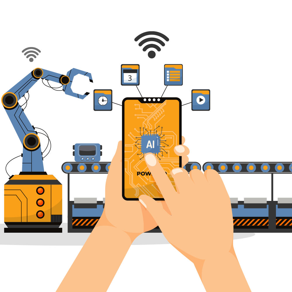 Factory workers using mobile app